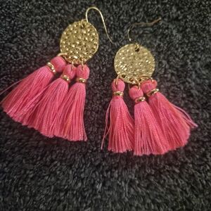 Pink Tassel Statement Earrings with Gold Disc – Boho Fringe Dangle